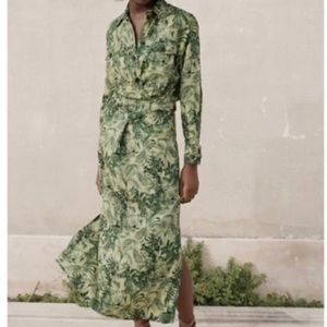 ZARA botanical tropical print midi dress with safari style pockets
